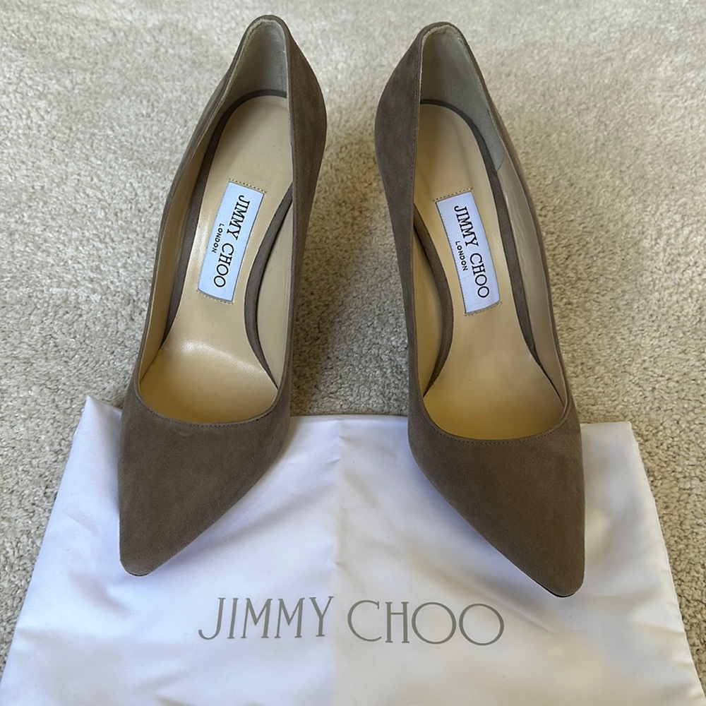 Jimmy Choo Taupe Suede Pumps